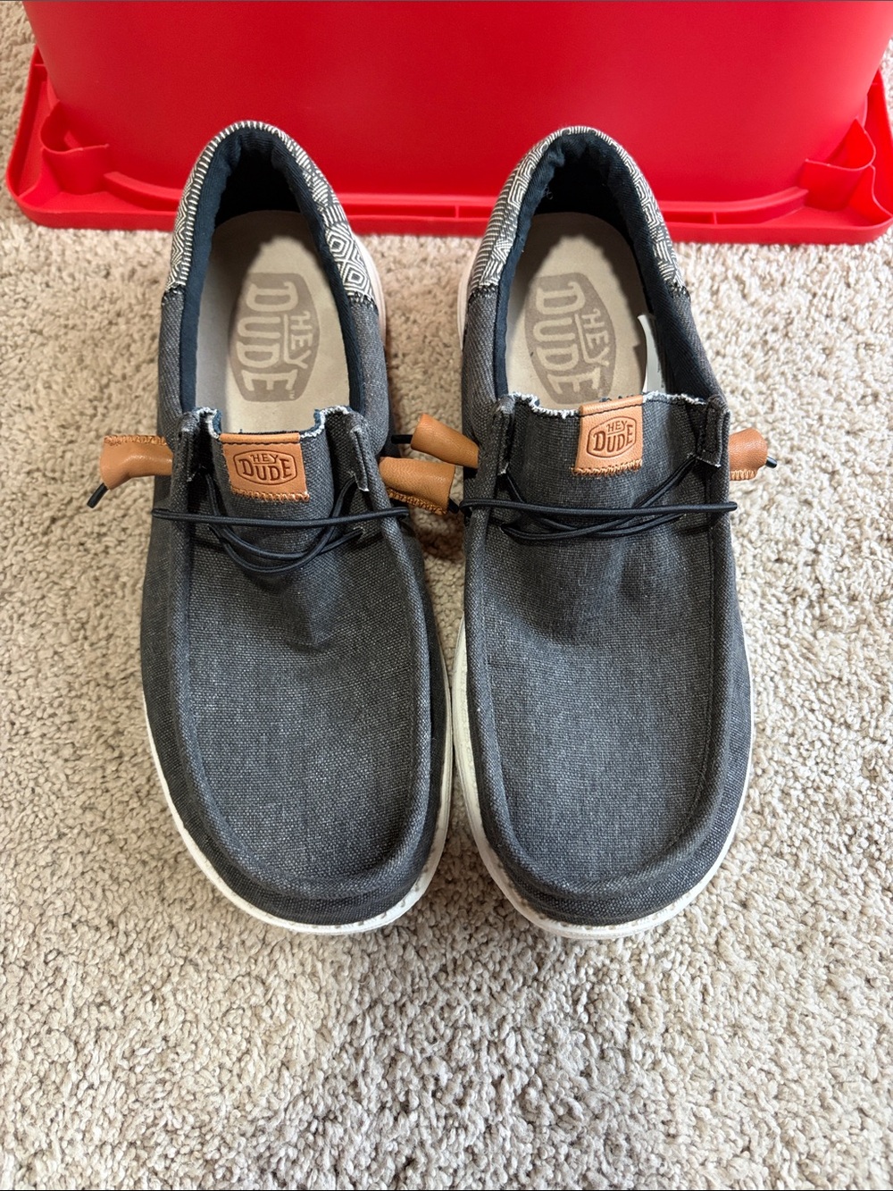 Hey Dude Men's Grey Canvas Slip-On Loafers with Tan Accents